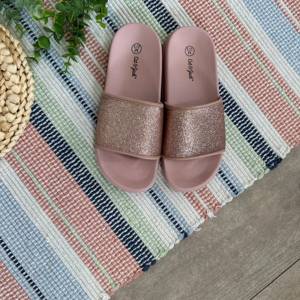 New Cat & Jack Girls Rose Pink Glitter Slide Sandals Size Medium 2/3